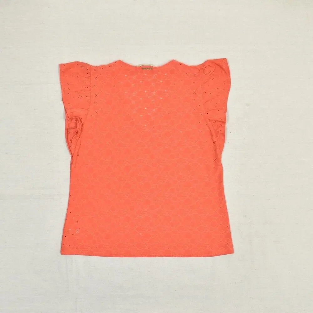 Michael Kors Women's Blouse V Neck Short Sleeve Floral Polyester Orange Size L